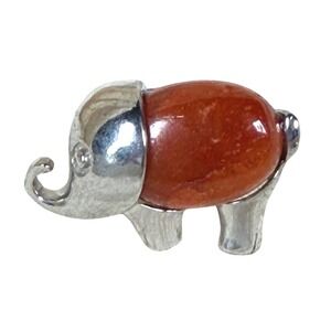 Vintage Elephant Silver Tone Orange Stone Cabochon Adjustable Bypass Ring